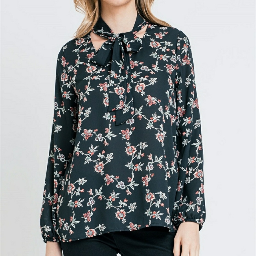 Black Navy Blue Floral Bow Knot Neck Tie Blouse - Picture 3 of 5